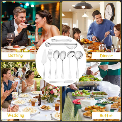 12 Pcs Gold Serving Utensils Set Include Stainless Steel Large Serving Spoons Slotted Spoons Forks Soup Ladle Pie Server - Metal Utensils for Parties Buffet Catering, Dishwasher Safe