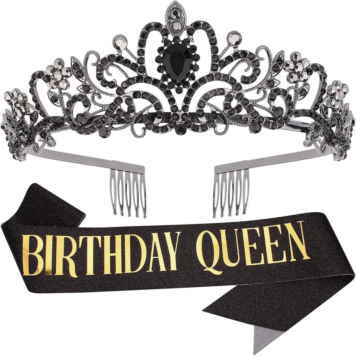 COCIDE Birthday Queen Sash & Rhinestone Tiara Set Gold Happy Birthday Crowns for Women Party Decoration Kit Rhinestone Headband for Women Glitter Crystal Hair Accessories for Cake Topper