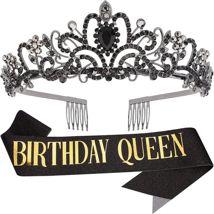 COCIDE Birthday Queen Sash & Rhinestone Tiara Set Gold Happy Birthday Crowns for Women Party Decoration Kit Rhinestone Headband for Women Glitter Crystal Hair Accessories for Cake Topper