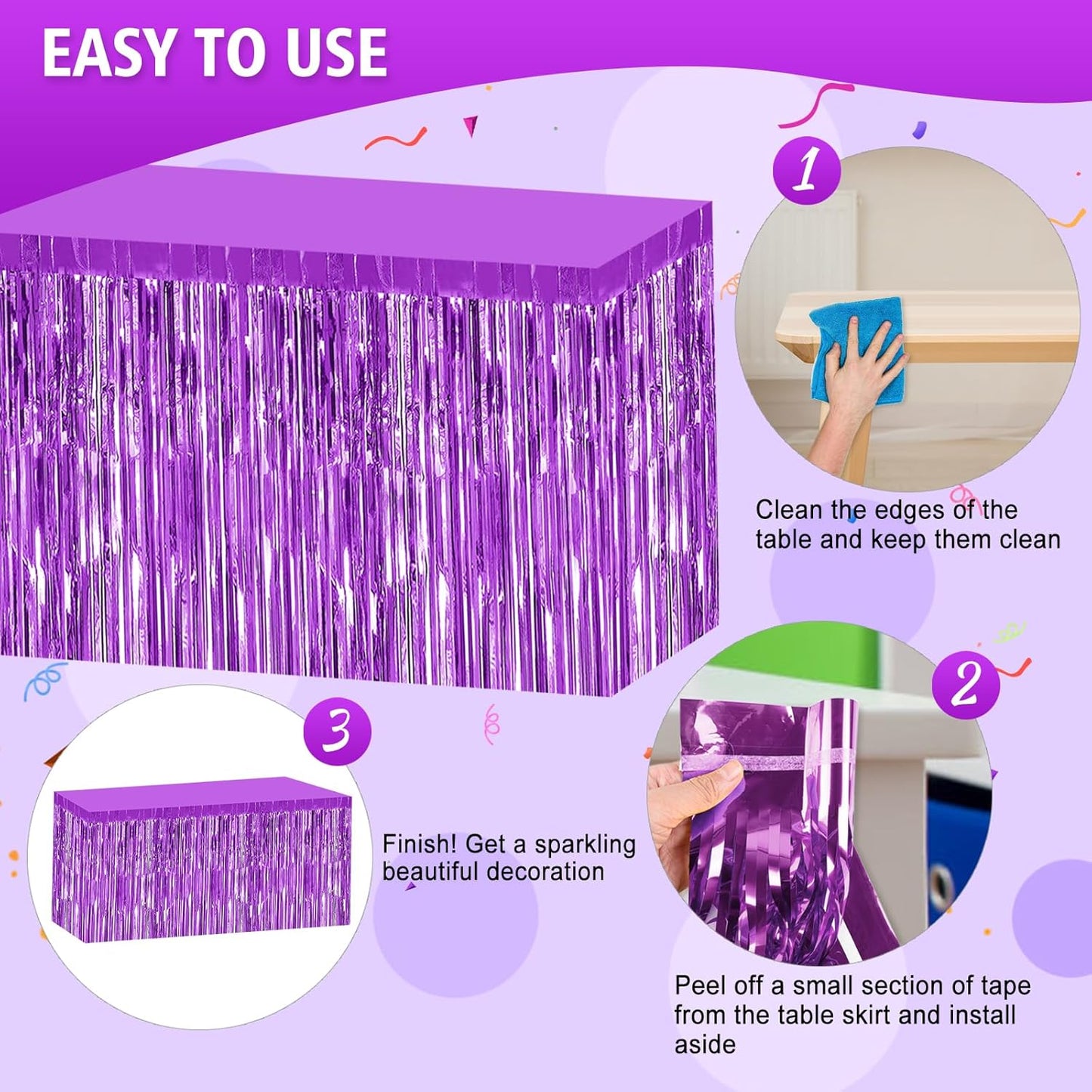2 Pack 29.5x108 Inch Silver Foil Tinsel Fringe Table Skirts, Disposable Table Skirts for Rectangle Tables Curtains Backdrop Parade Wedding Floats Baby Shower Birthday Mardi Gras Party
