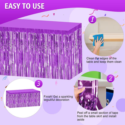 2 Pack 29.5x108 Inch Silver Foil Tinsel Fringe Table Skirts, Disposable Table Skirts for Rectangle Tables Curtains Backdrop Parade Wedding Floats Baby Shower Birthday Mardi Gras Party