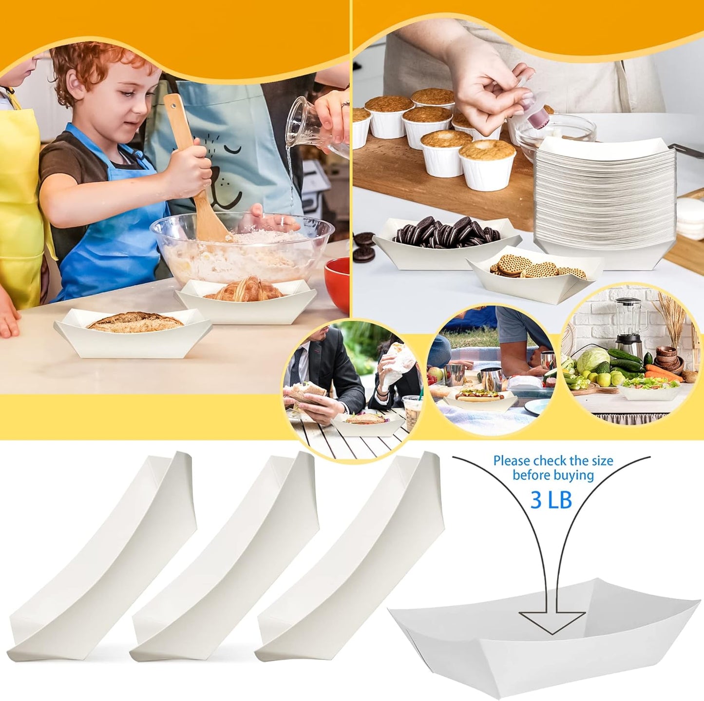 100 Pack 3lb Paper Food Trays,Disposable Greaseproof Kraft Checkered Carnival Food Serving Take Out Basket Tray Boat for Snacks Fries Nachos Popcorn Hot Dogs Carnival Wedding Party Picnic