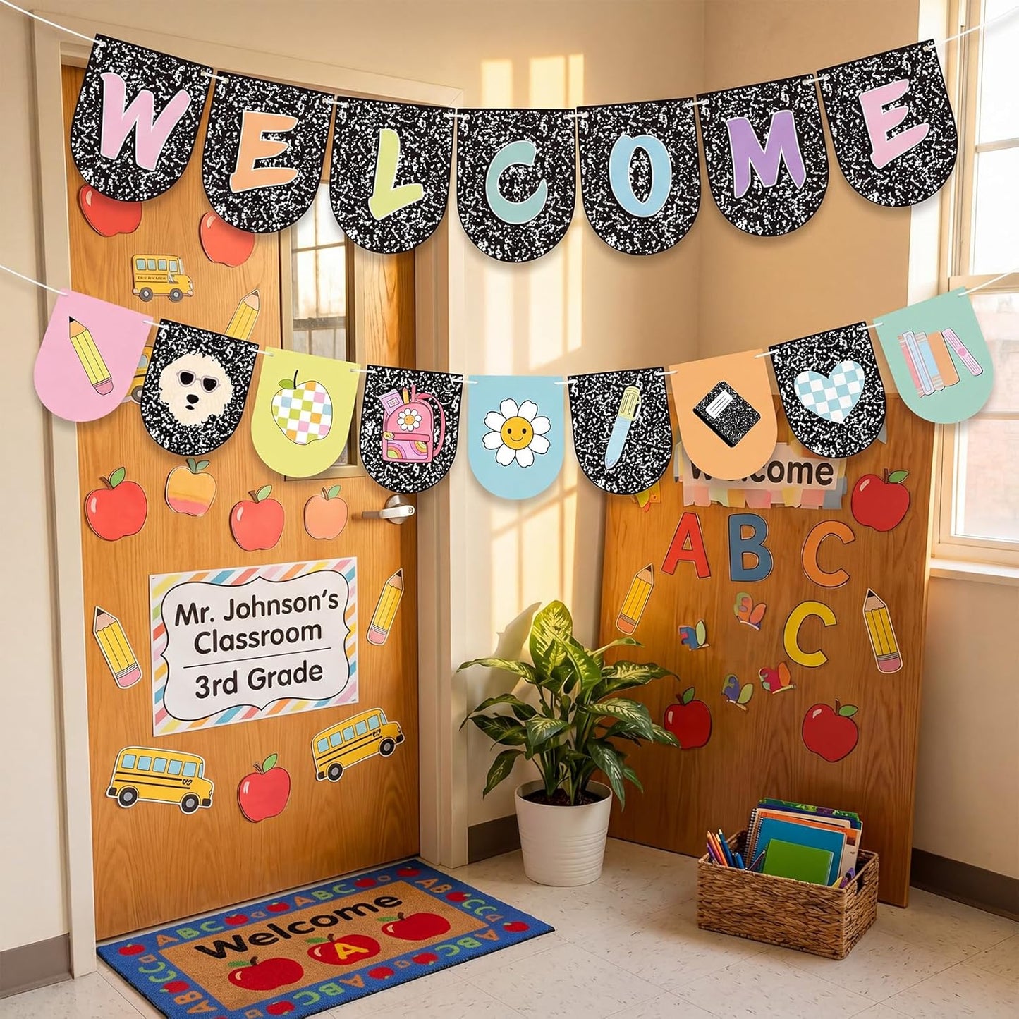 Welcome Back to School Banner, Composition Notebook Classroom Decor, First Day of School Banner Welcome Sign for Classroom Decorations Office Home Decor Party Supplies