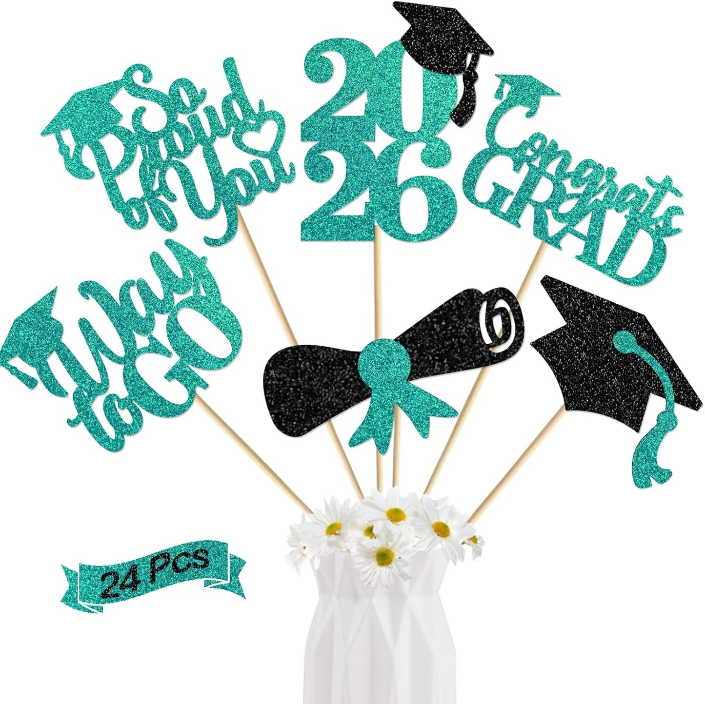 24Pcs Graduation Centerpieces for Tables: 2026 Graduation Centerpiece Sticks Class of 2026 for Grad Table Decorations Congrats Decorations (Black)