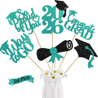 24Pcs Graduation Centerpieces for Tables: 2026 Graduation Centerpiece Sticks Class of 2026 for Grad Table Decorations Congrats Decorations (Black)