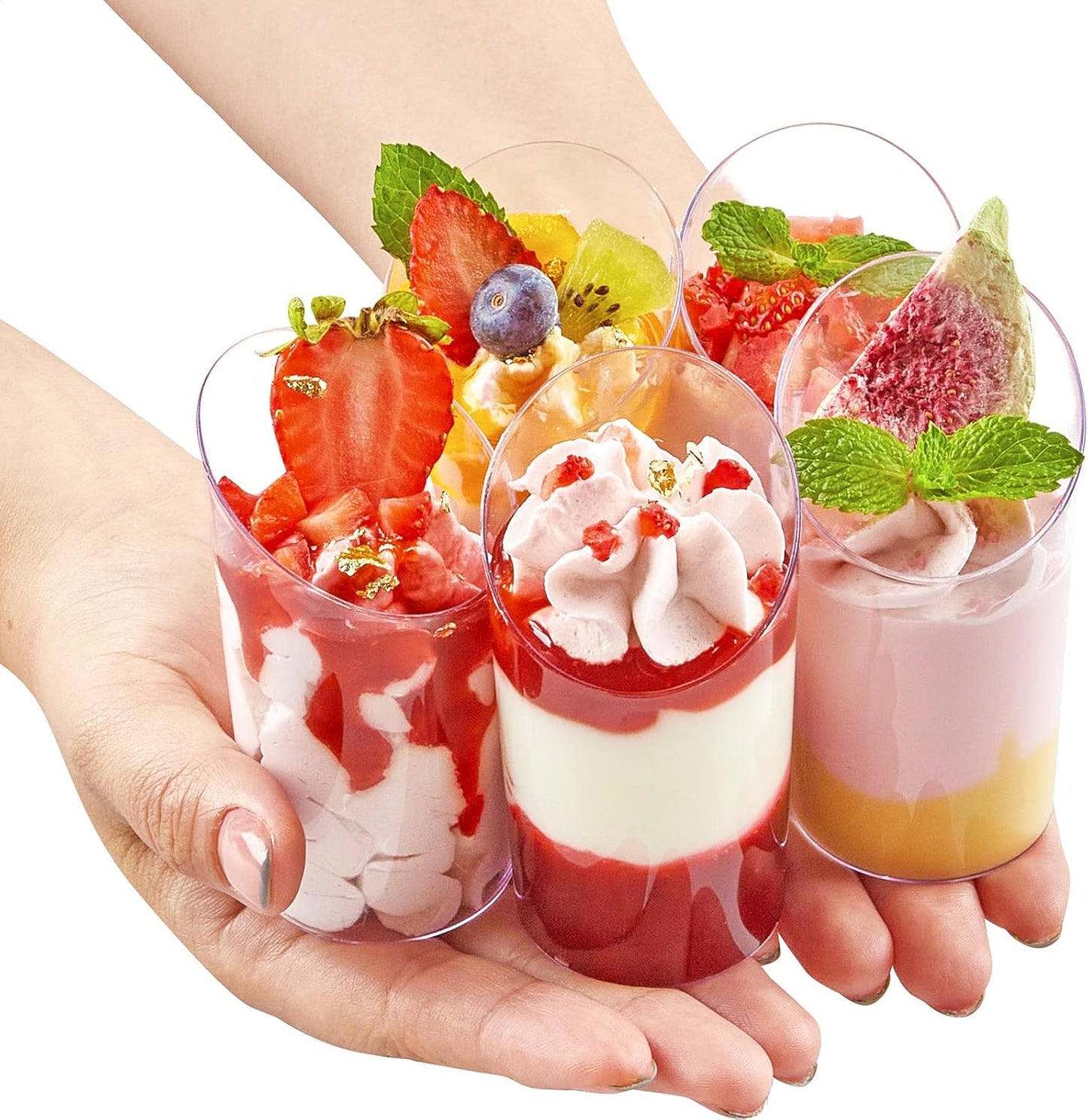 TOFLEN 100 Pack Mini Dessert Cups with Spoons, 2.2 oz Round Plastic Dessert Shooter Cups Slanted Appetizer Cups for Party Serving Jello Parfait Triffle