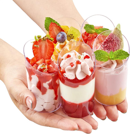 TOFLEN 100 Pack Mini Dessert Cups with Spoons, 2.2 oz Round Plastic Dessert Shooter Cups Slanted Appetizer Cups for Party Serving Jello Parfait Triffle