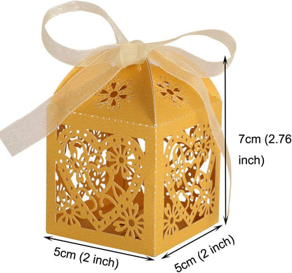 KPOSIYA 100 Pack Love Heart Laser Cut Wedding Party Favor Box Candy Bag Chocolate Gift Boxes Bridal Birthday Shower Bomboniere with Ribbons