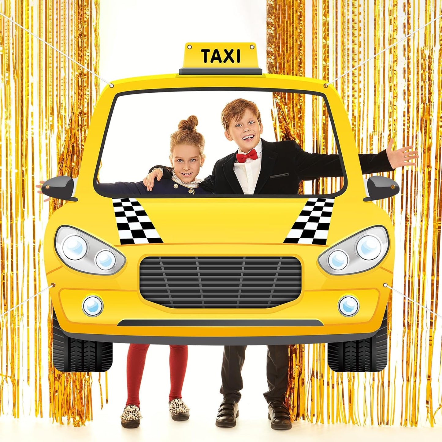 Fabric 59 x 54.5 Inch Car Themed Party Decoration Taxi Themed NYC Photo Booth Yellow Cab Background Taxi Selfie Backdrop Black and White Checkered Decor for Birthday Baby Shower Party Supplies