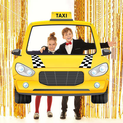 Fabric 59 x 54.5 Inch Car Themed Party Decoration Taxi Themed NYC Photo Booth Yellow Cab Background Taxi Selfie Backdrop Black and White Checkered Decor for Birthday Baby Shower Party Supplies