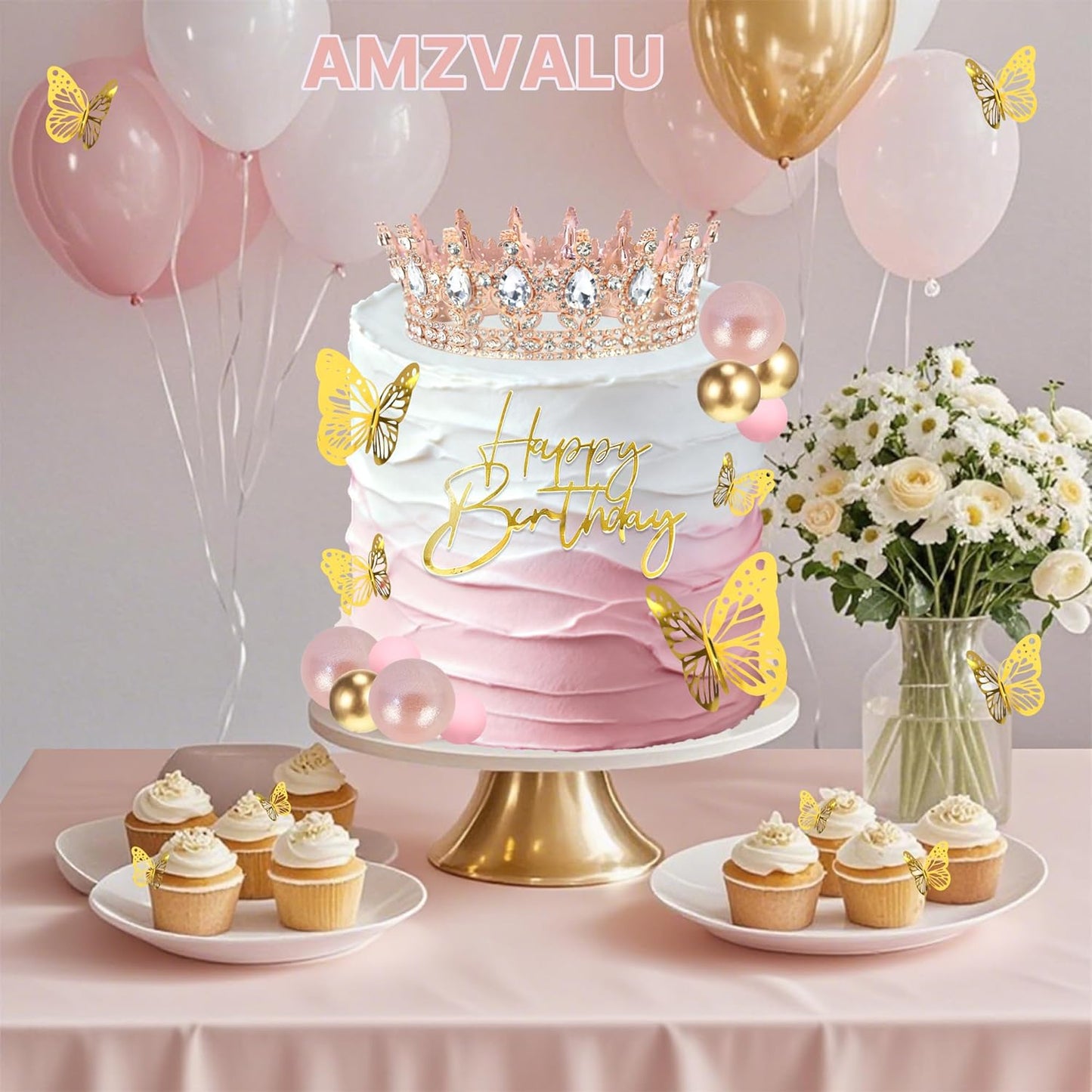 Crown Cake Topper, Balls Happy Birthday Cake Topper Pink Crown Birthday Candles Gold Butterflies, Corona Para Pastel, Cake Decorations for Birthday Wedding (Gold, Pink)