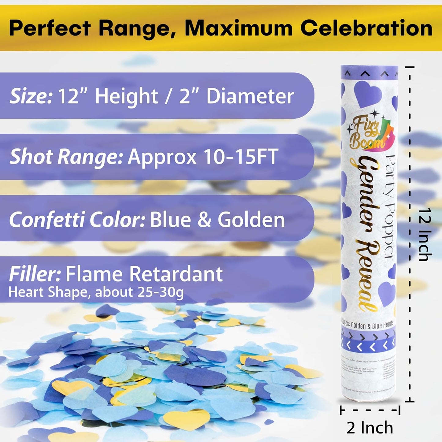 2 Pack Blue Heart-Shaped Confetti Poppers for Baby Gender Reveal | Blue Paper and gold mylar Baby Boy Party Supplies