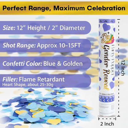 2 Pack Blue Heart-Shaped Confetti Poppers for Baby Gender Reveal | Blue Paper and gold mylar Baby Boy Party Supplies