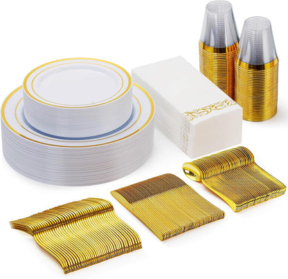 Goodluck 350 Pieces Gold Dinnerware Set for 50 Guests, Plastic Plates Disposable for Party, Include: 50 Gold Rim Dinner Plates, 50 Dessert Plates, 50 Paper Napkins, 50 Cups, 50 Gold Silverware Set