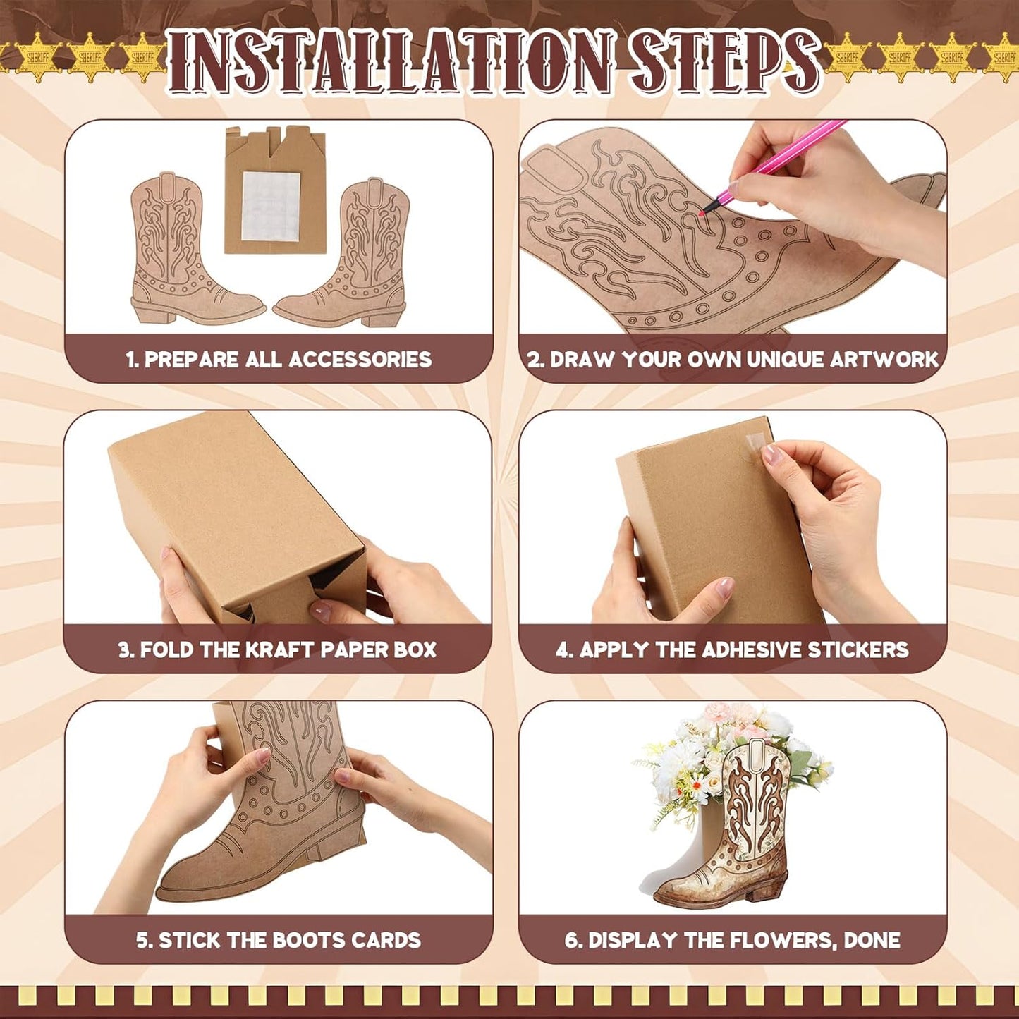 Dunzoom 8 Set DIY Western Cowboy Boots Flower Boxes Crafts Western Cowgirl Centerpiece for Table Cowboy Boot Scratch Art Kit Cowgirl Flower Boxes to Paint Wedding Birthday Party Supplies(Brown)