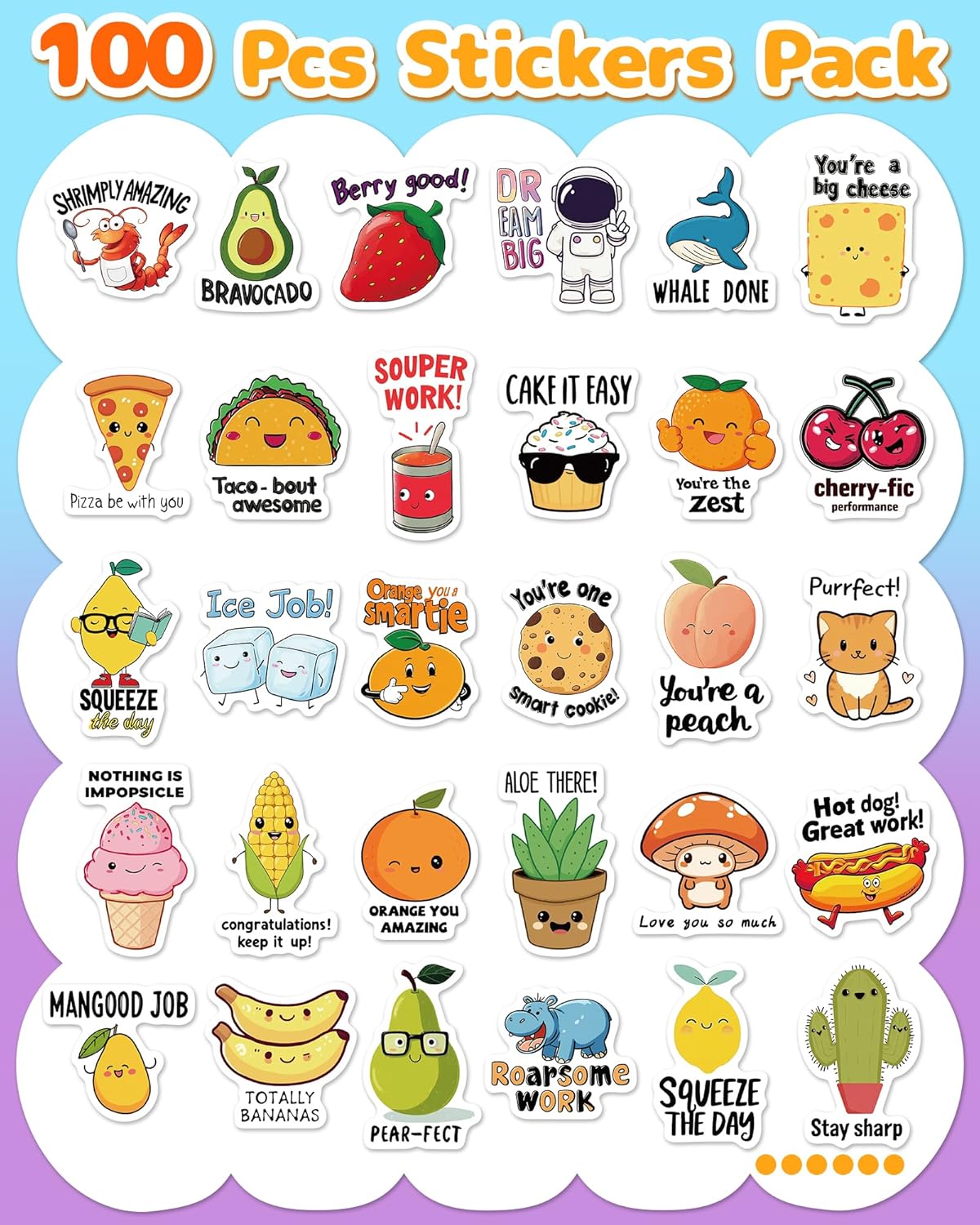 100 Pcs Cute Stickers for Kids, Waterproof Water Bottle Stickers, Vinyl Sticker Pack, Party Favors, Goodie Bag Stuffers, Treasure Box & Classroom Prizes for Elementary Students - No-Repeat