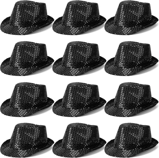 Janmercy 12 Pieces Western Sequin Hat Glitter Solid Color Dance Hat Retro Disco Unisex Costume Cap for Party Props Supplies