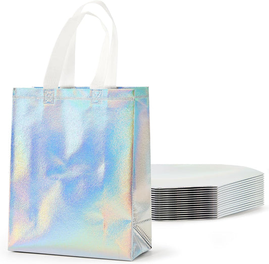 PACKINNO 15 Pcs Iridescent Gift Bags with Handles, 8x4x10 Inch Holographic Reusable Gift Bags Medium Size, Ideal for Birthday, Christmas, Party Favors, Wedding, Holidays, Valentines