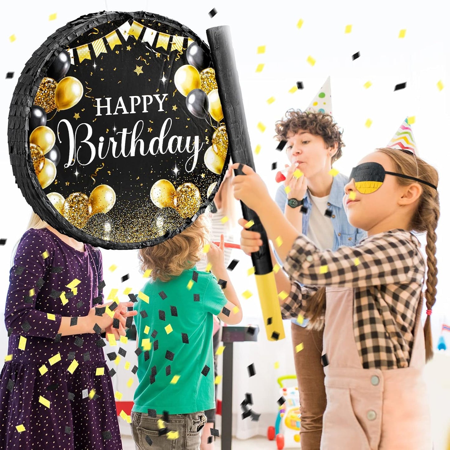 Sinmoe Birthday Piñata with Stick Blindfold and Confetti Large Piñata for Adult Men Women Birthday Party Supplies Decoration Wedding Anniversary(Black and Gold)
