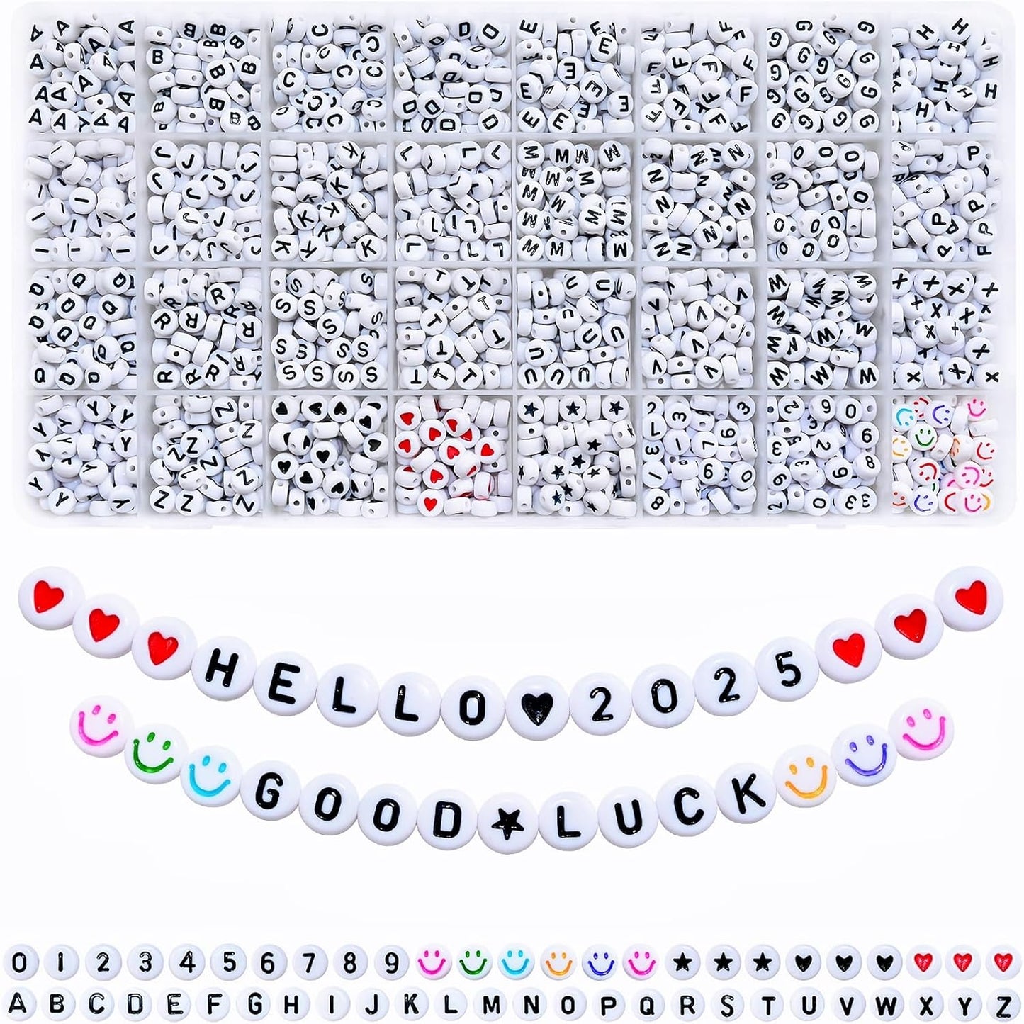 Amaney 1400pcs Glow Letter Beads, Heart Beads Whit Elastic Beading Cord,4x7mm Round Acrylic Alphabet Beads for Friend Bracelet Jewelry Making