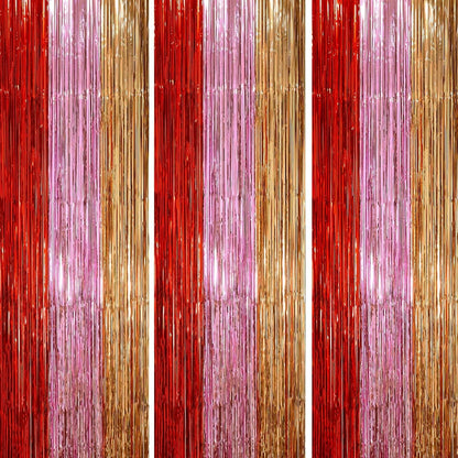 Voircoloria 3 Pack 3.3x8.2 Feet Gold Foil Fringe Backdrop Curtains, Tinsel Streamers, Fringe Backdrop for 2025 New Years Eve, Graduation, Birthday, Baby Shower, Gender Reveal, Disco Party - Colors A