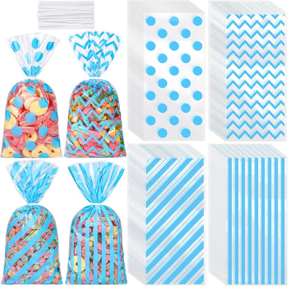 Aodaer 100 Pieces 10.6 x 5.1 In White Cellophane Bags Plastic Candy Gift Bag Cellophane Treat Bags with Twist Ties Stripes Polka Dot Printed Pattern Goodie Bag for Birthday Weddings Party Favors