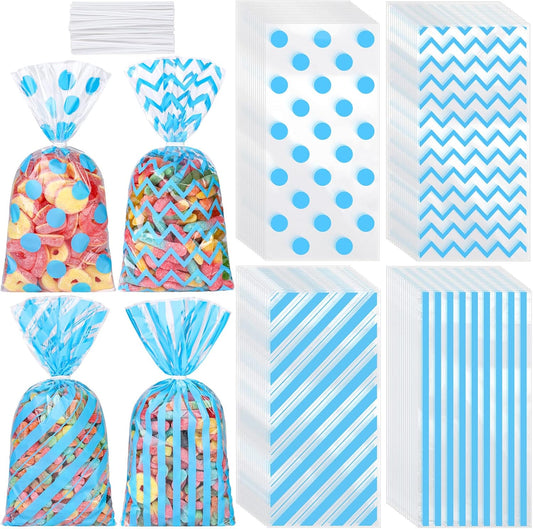 Aodaer 100 Pieces 10.6 x 5.1 In White Cellophane Bags Plastic Candy Gift Bag Cellophane Treat Bags with Twist Ties Stripes Polka Dot Printed Pattern Goodie Bag for Birthday Weddings Party Favors
