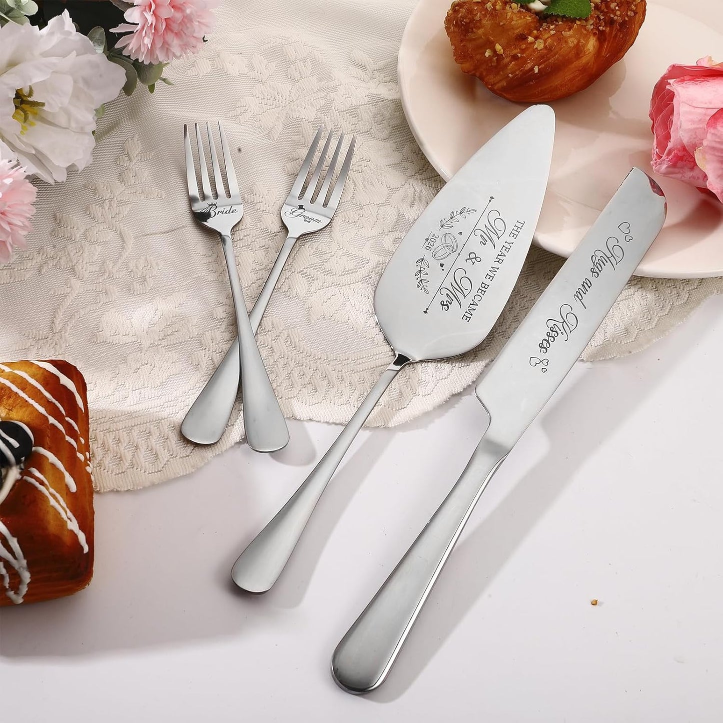 Wedding Cake Knife and Server Set - 4 Piece Stainless Steel Cake Cutting Set for Wedding, Cake Cutting Knife, Slicer and Forks Server for Engagement, Anniversary, Birthday