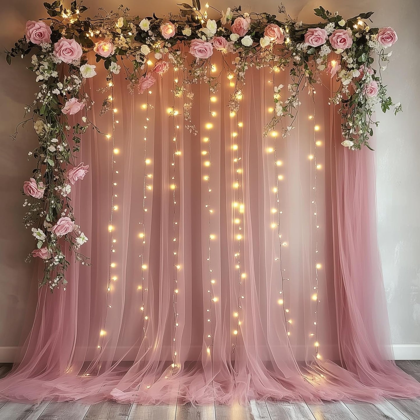 Fomcet Tulle Backdrop Curtains with Lights String White 10FT X 8FT Sheer Curtain with Lights Tulle Curtains Backdrop for Wedding Birthday Party Baby Shower Photo Shoot (2 Panels 5x8FT)