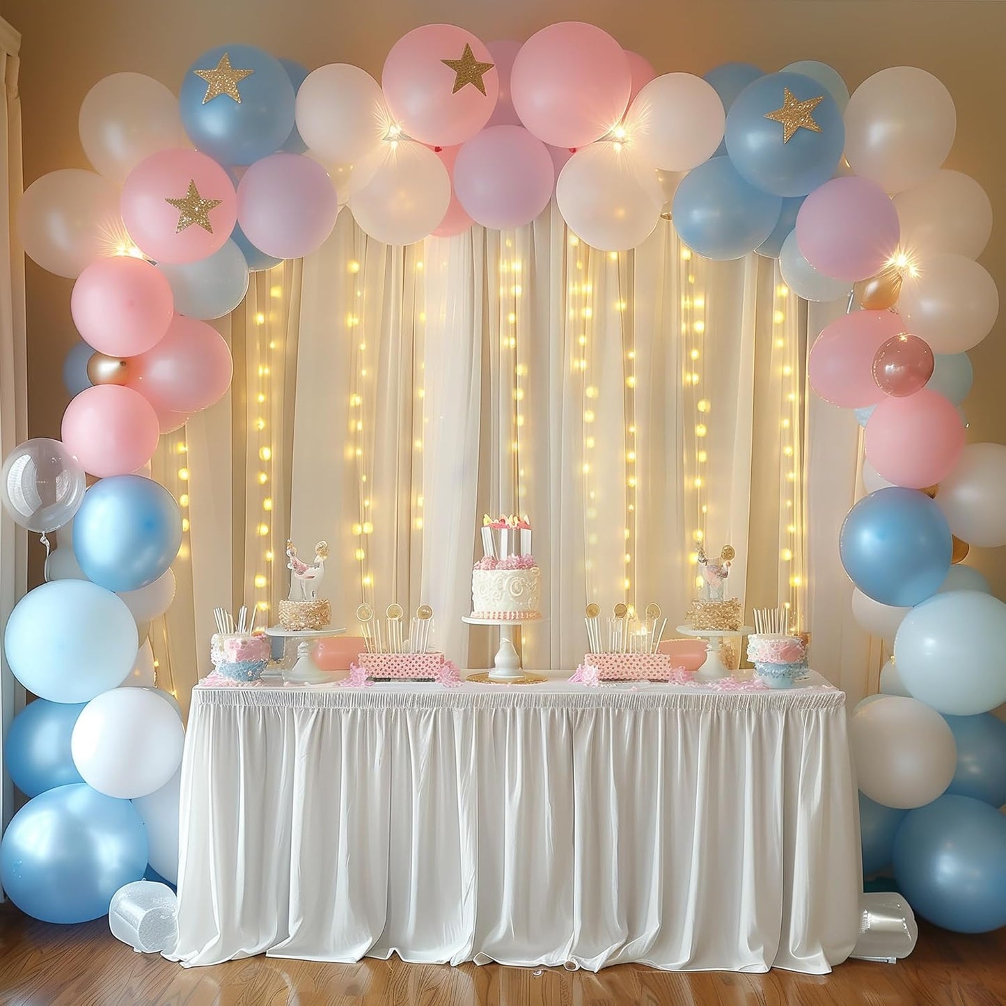 Fomcet Tulle Backdrop Curtains with Lights String White 10FT X 8FT Sheer Curtain with Lights Tulle Curtains Backdrop for Wedding Birthday Party Baby Shower Photo Shoot (2 Panels 5x8FT)
