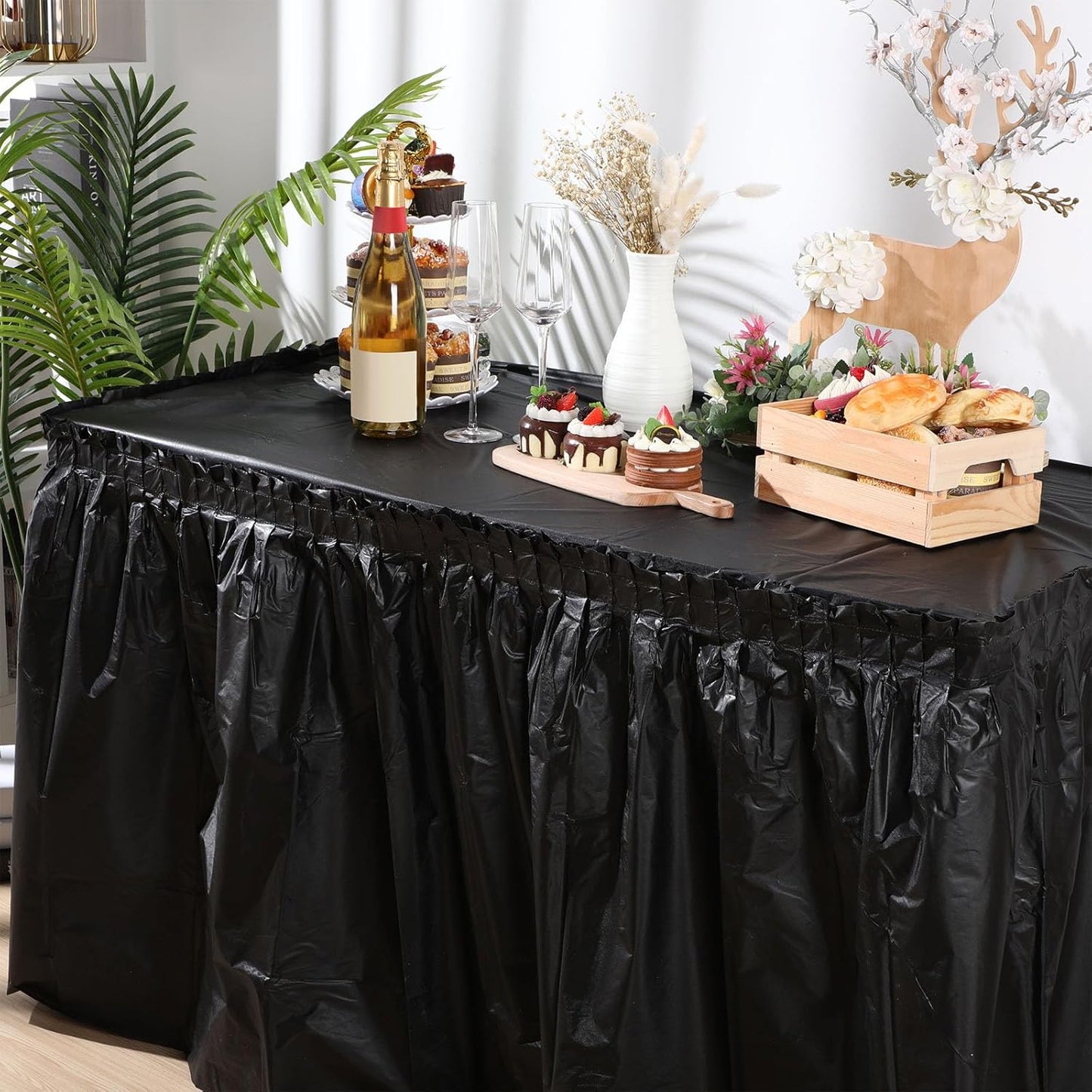 Oudain 6 Pcs Plastic Table Skirts and Stainproof Table Cloths 54 x 108 in Plastic Ruffle Tablecloth 168 x 29 Inches Disposable for Wedding Baby Shower Valentine Spring Easter Party(White)