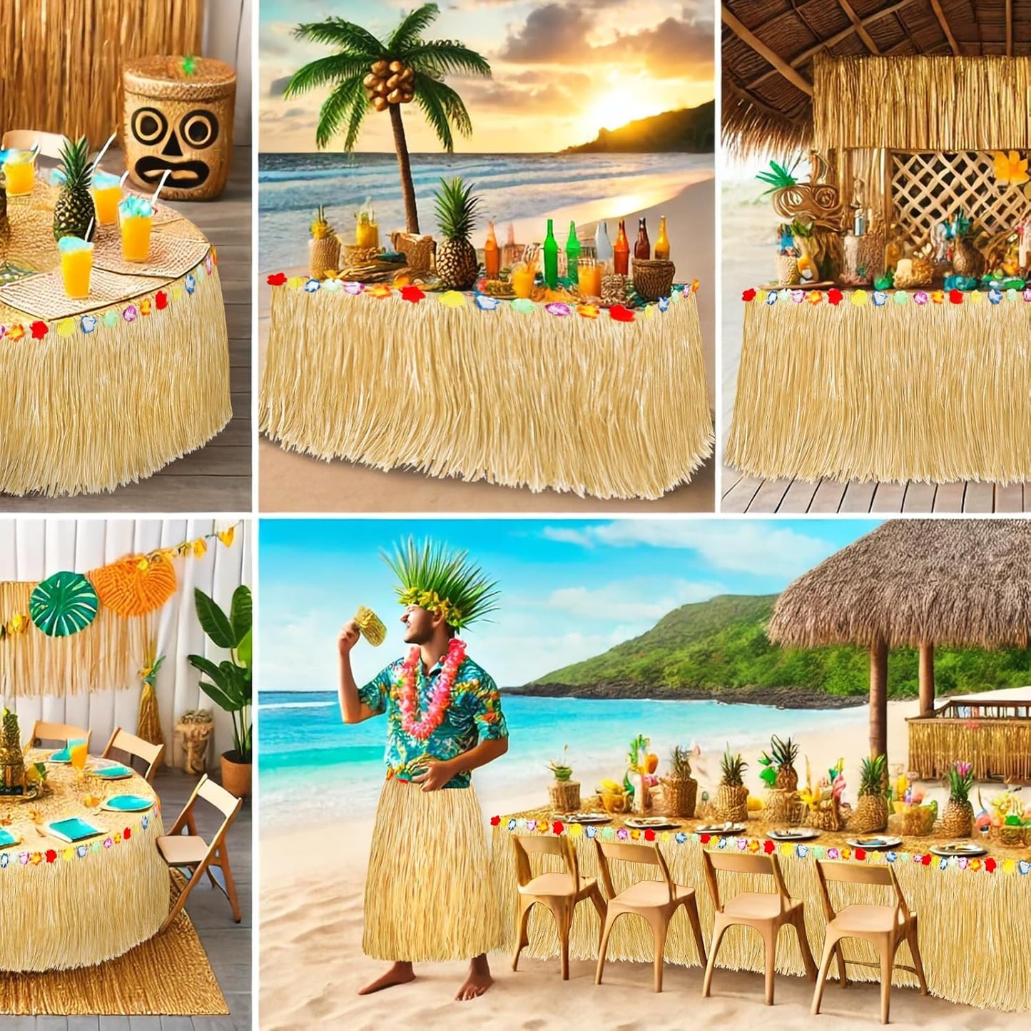 2 Pack Table Skirt Luau Party Decorations, Flower 53.2" X 29.5" Grass Table Skirts for Luau Party Summer Tropical Hawaiian Party Decorations (A-2 Pack)