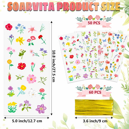 Soarvita Wildflower Cellophane Treat Bags: 50Pack Clear Plastic Floral Goodie Bags with 60 Ties for Cookies Snacks & Gift Packaging, Spring Candy Bag for Baby Bridal Shower Wedding Party Favors