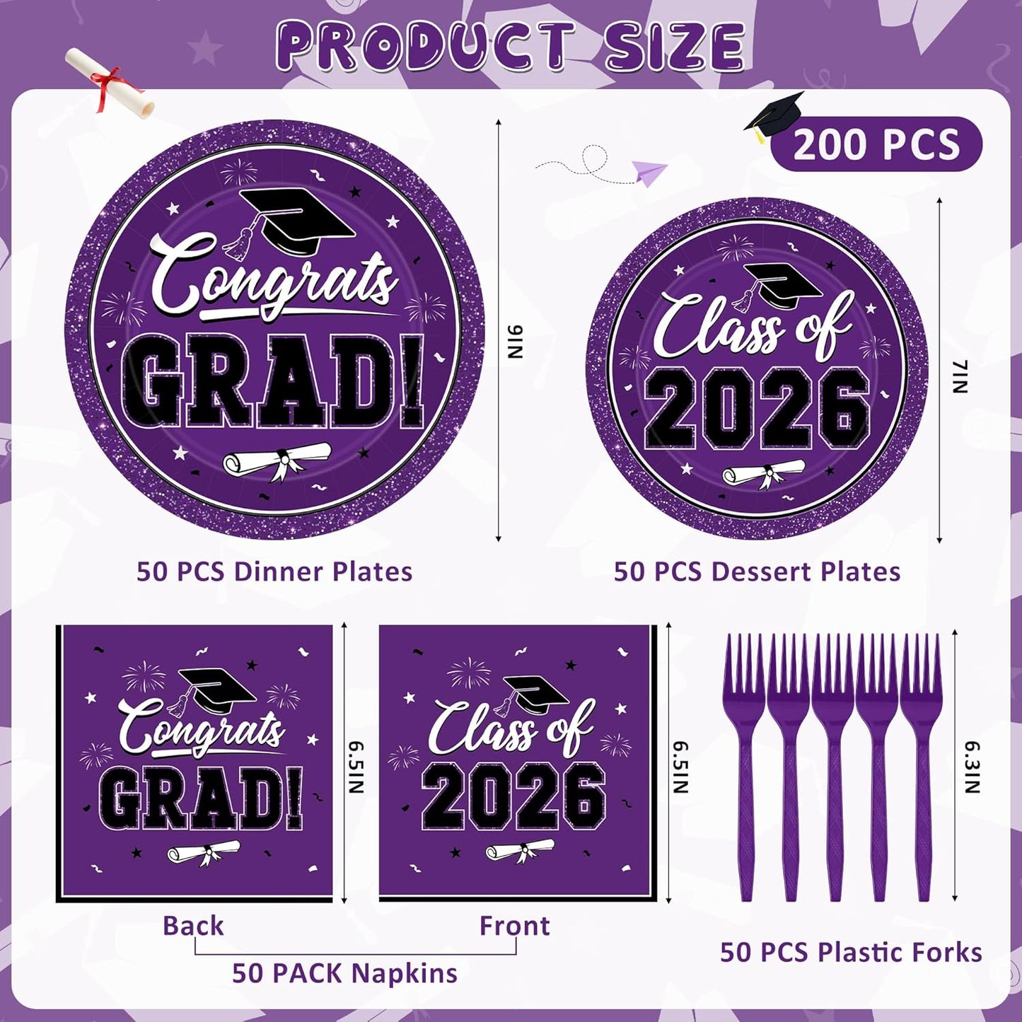 200Pcs Graduation Decorations 2026, Blue Graduation Plates and Napkins Party Supplies for 50 Guests, Disposable Grad Plates, Napkins, Dessert Plates and Forks for Grad Decor Wedding Birthday Supplies