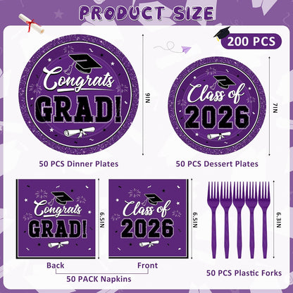 200Pcs Graduation Decorations 2026, Blue Graduation Plates and Napkins Party Supplies for 50 Guests, Disposable Grad Plates, Napkins, Dessert Plates and Forks for Grad Decor Wedding Birthday Supplies