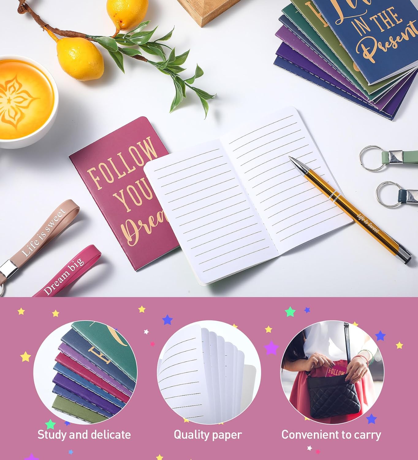 PerKoop 48 Pcs Inspirational Gifts Bulk Motivational Notepads Ballpoint Pens Keychains Set Modern Farmhouse Journal Notebooks Christian Gifts for Teachers School Office Party Favor Supplies