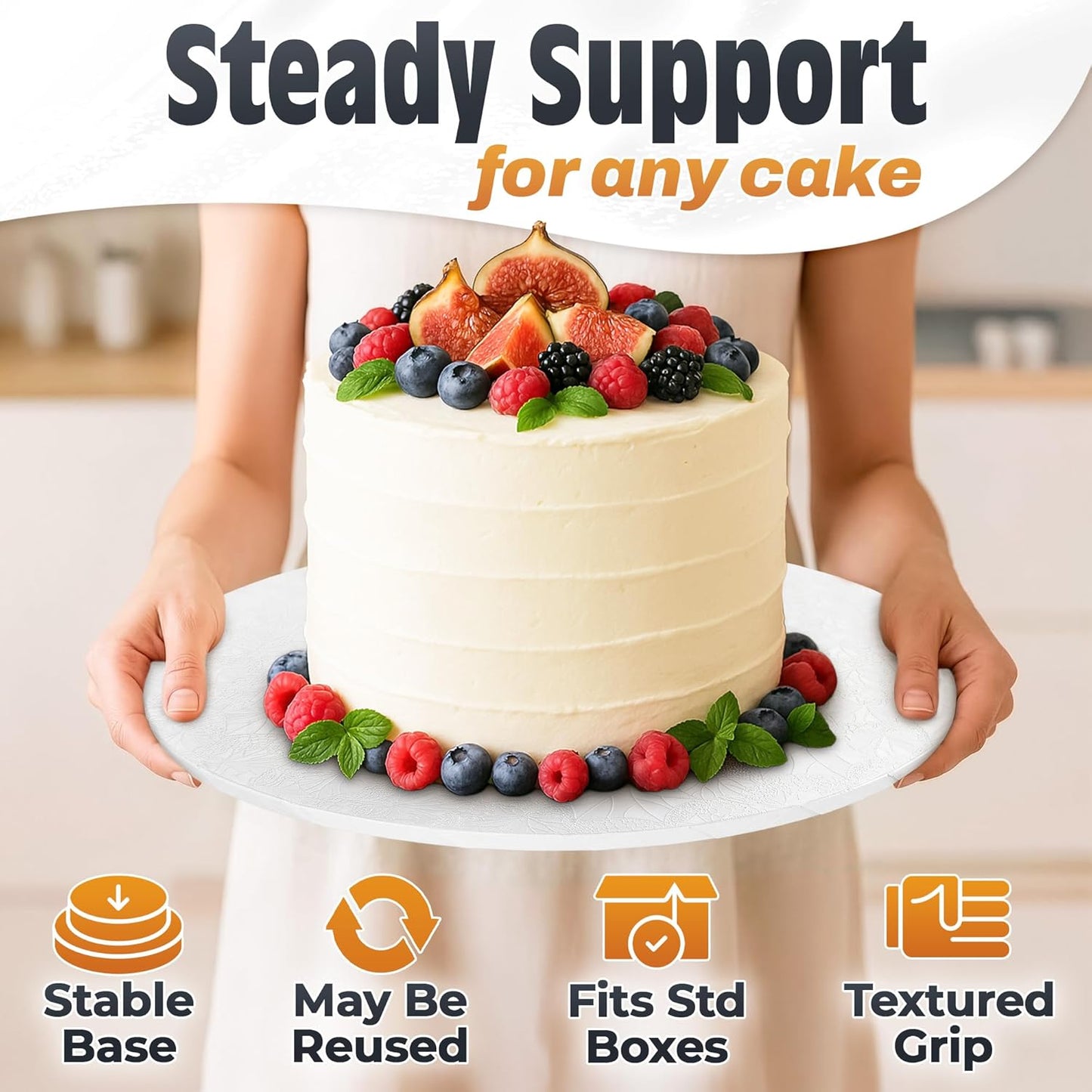 12 Inch Cake Drum, Black Cake Board for Picture-Ready Celebration Cakes, 1/2 Inch Thick Round Cardboard Base with Grease & Moisture Resistant Surface and Decorative Pattern for Parties and Weddings