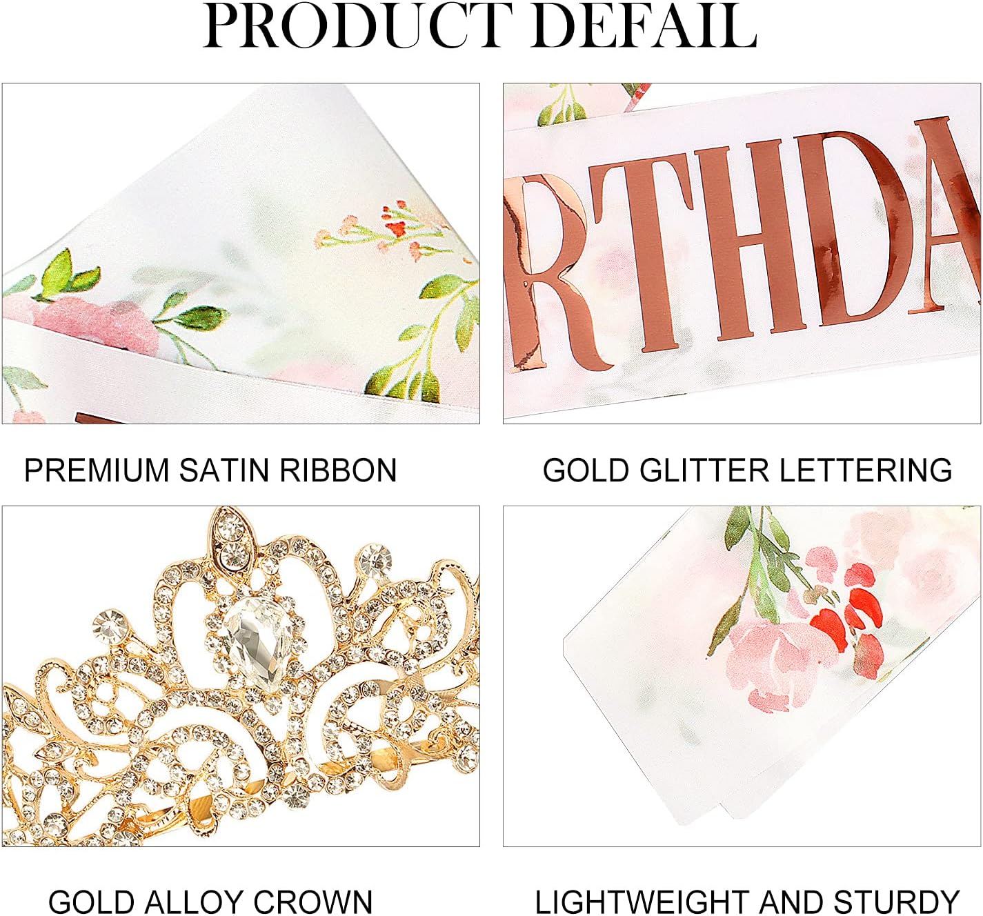 COCIDE Birthday Queen Sash & Rhinestone Tiara Set Gold Happy Birthday Crowns for Women Party Decoration Kit Rhinestone Headband for Women Glitter Crystal Hair Accessories for Cake Topper