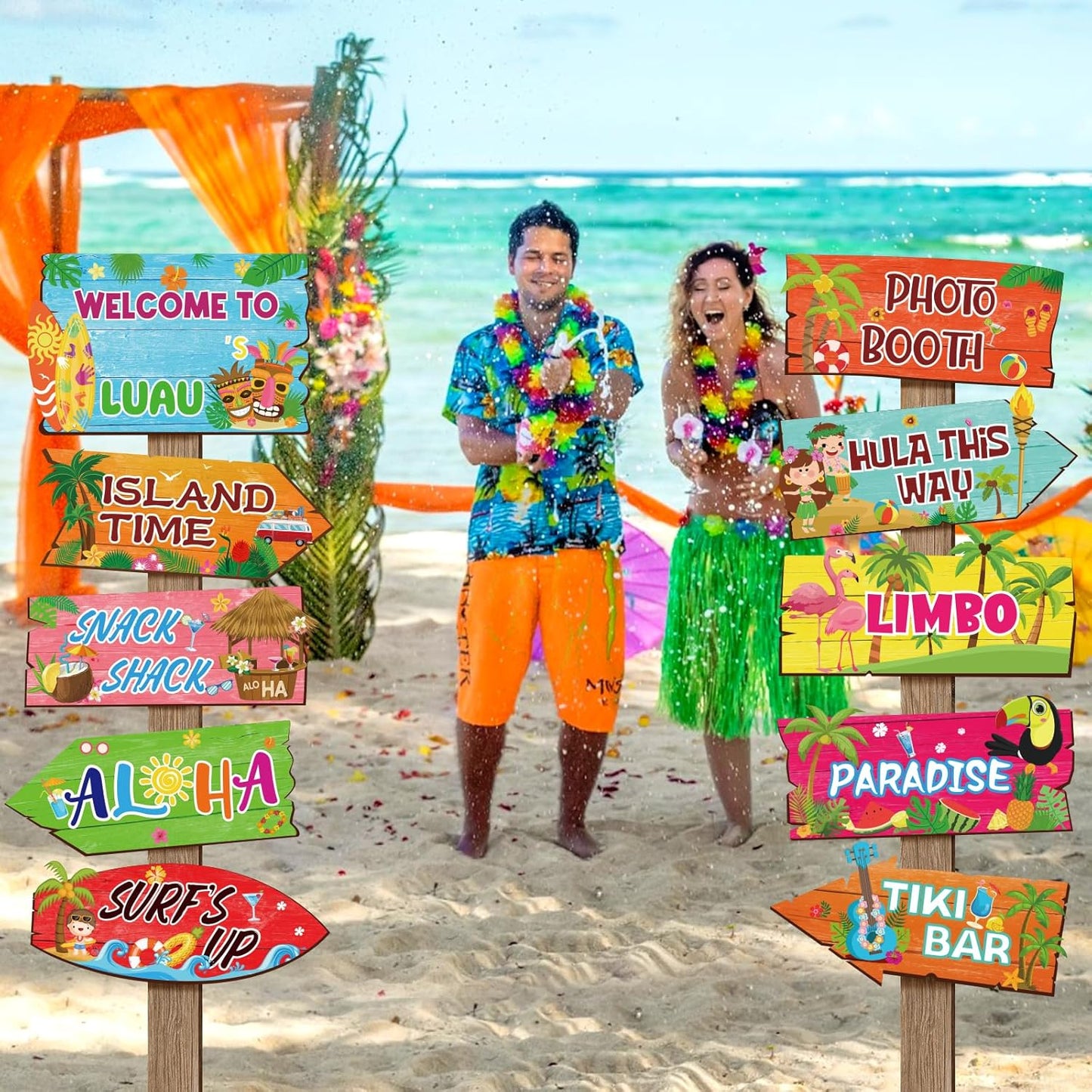 20 Pcs Luau Party Decorations Welcome Sign Summer Hawaiian Directional Signs Tropical Hawaiian Themed Birthday Decorations Luau Tiki Party Supplies with 2 Sheet Letter Stickers