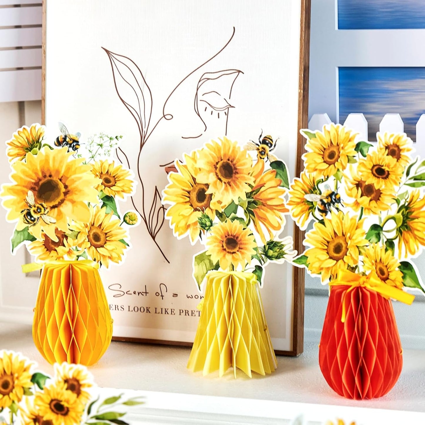 SUNBEAUTY 9PCS Spring Wildflower Party Decorations Wild Flowers Honeycomb Centerpieces for Tables Wildflower Birthday Spring Flower Theme Party Decorations for Garden Baby Shower, Easter, Mothers Day