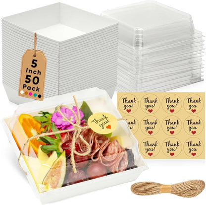 Leafiew 50 Pack Small Charcuterie Boxes with Clear Lids - To Go Paper Mini Charcuterie Box, Disposable Food Containers, 5Inch Dessert Boxes - Sandwich, Cookie, Sushi, Cake Slice, Strawberries (Brown)