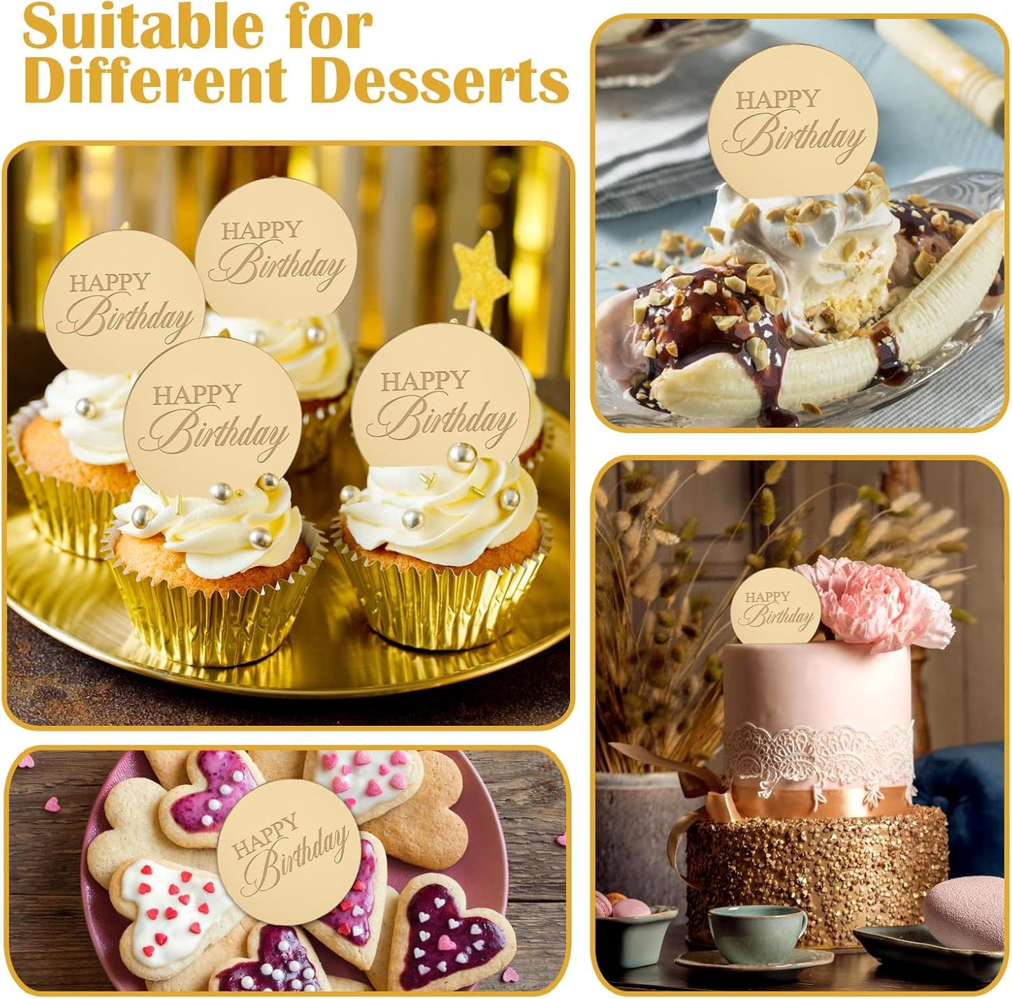 20pcs Gold Mirror Acrylic Happy Birthday Cupcake Toppers Round Engraved Cake Picks Happy Birthday Cake Toppers for DIY Birthday Gift Flower Bouquet Pastries Desserts Decor