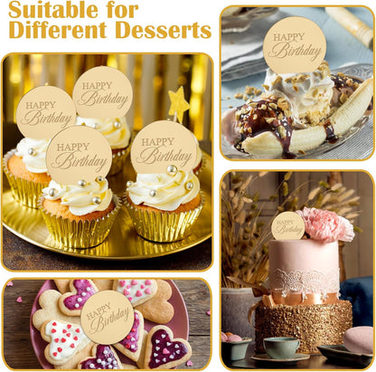 20pcs Gold Mirror Acrylic Happy Birthday Cupcake Toppers Round Engraved Cake Picks Happy Birthday Cake Toppers for DIY Birthday Gift Flower Bouquet Pastries Desserts Decor