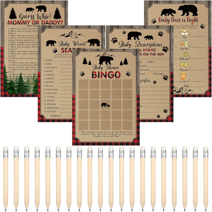 Yinder 145 Pcs Baby Shower Games Activities Cards with 20 Pencils Includes Baby Bingo Description and Wishes Guess Who Price is Right Word Scramble Game(Here Comes the Son)