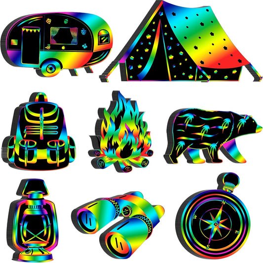 RoundFunny 80 Pcs Camping Scratch Cards for Adult Camping Party Supplies Colorful Scratch DIY Paper Art Craft Kit with 80 Pcs Stick and Ribbon for Themed Birthday Party Decor
