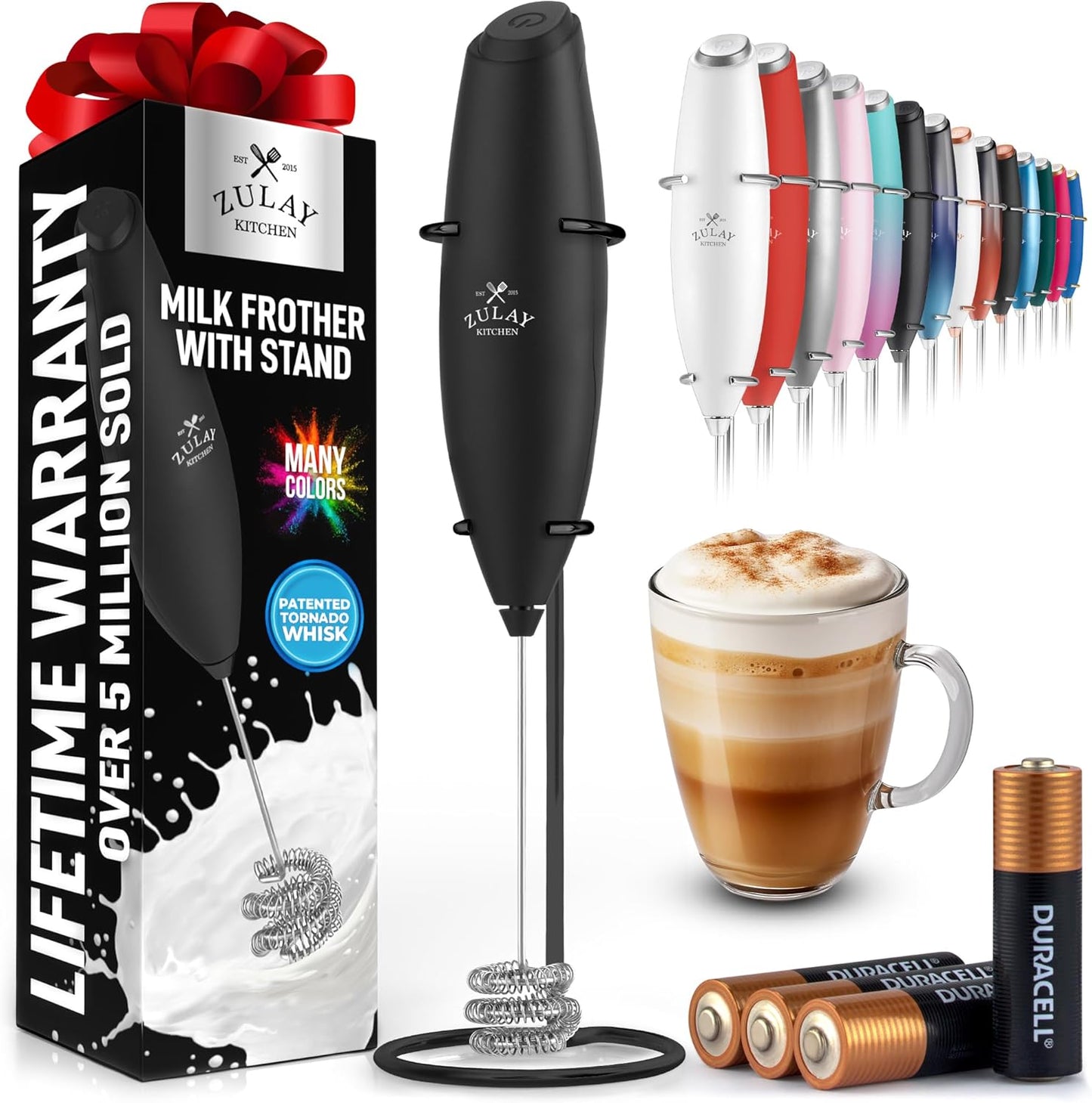 Zulay Kitchen Powerful Milk Frother Wand With Duracell Batteries - Ultra Fast Handheld Drink Mixer - Electric Whisk Foam Maker for Coffee, Lattes, Cappuccino & Matcha - Z1 Motor - Black - Colors A