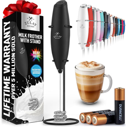 Zulay Kitchen Powerful Milk Frother Wand With Duracell Batteries - Ultra Fast Handheld Drink Mixer - Electric Whisk Foam Maker for Coffee, Lattes, Cappuccino & Matcha - Z1 Motor - Black - Colors A