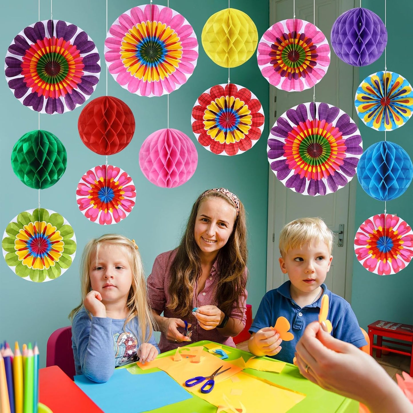 Outus 21 Pcs Spring Flower Hanging Paper Fans Flower Paper Fans Classroom Decorations Springtime Summer Tissue Pom Poms for Ceiling Wedding Birthday Party Supply Classroom Decor(Spring Flower)
