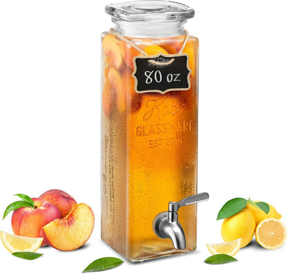 Kook Glass Drink Dispenser, with Leak-Proof Stainless Steel Spigot, Clear Rectangular Mason Jar, Beverage Storage for Fridge, for Water, Iced Tea, Sangria, Lemonade, 80 oz (2)