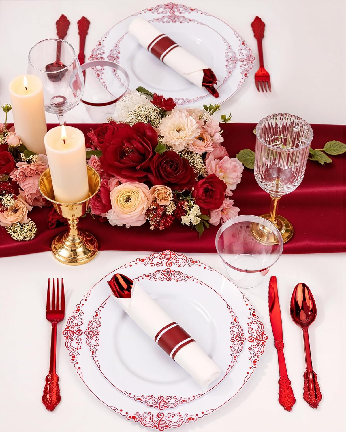 Nervure 350PCS Gold Plastic Plates - Gold Plastic Dinnerware Sets for 50 Guests - 100 Disposable Plates, 150 Silverware, 50 Cups, 50 Napkins for Wedding & Party & Mothers Day